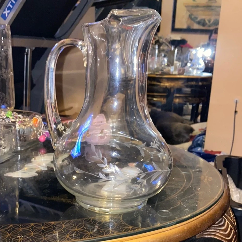 Elegant Clear Glass Pitcher with Floral Design 10 1/2” tall